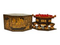 A Straits Chinese Lacquer and Gilt Six-Sided Chanab Offering Box and Stand — 20TH CENTURY