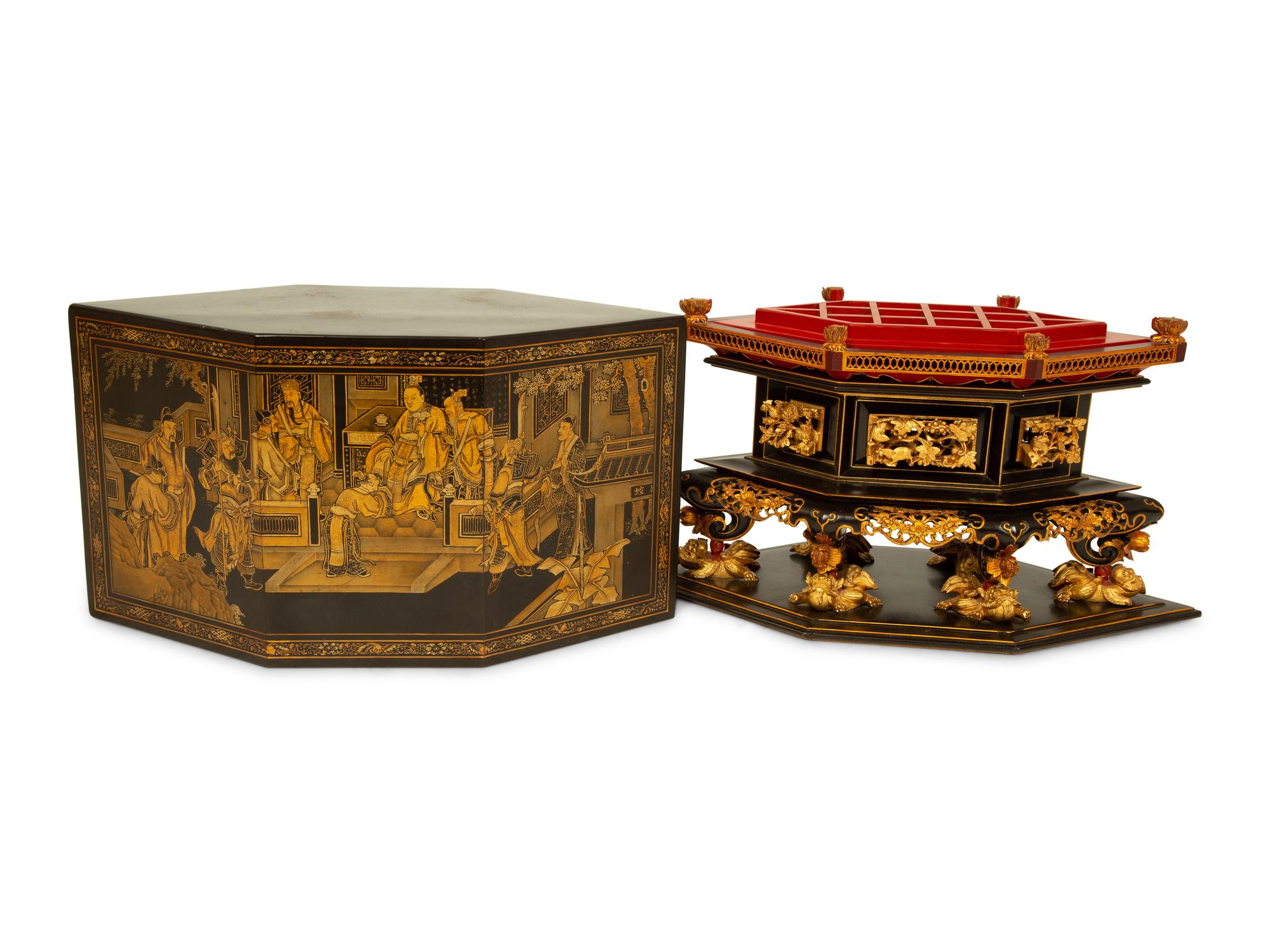 A Straits Chinese Lacquer and Gilt Six-Sided Chanab Offering Box and Stand — 20TH CENTURY