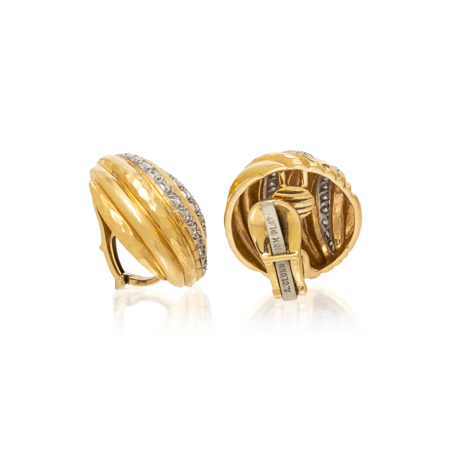 ANDREW CLUNN, HAMMERED GOLD, DIAMOND, AND PLATINUM EARRINGS