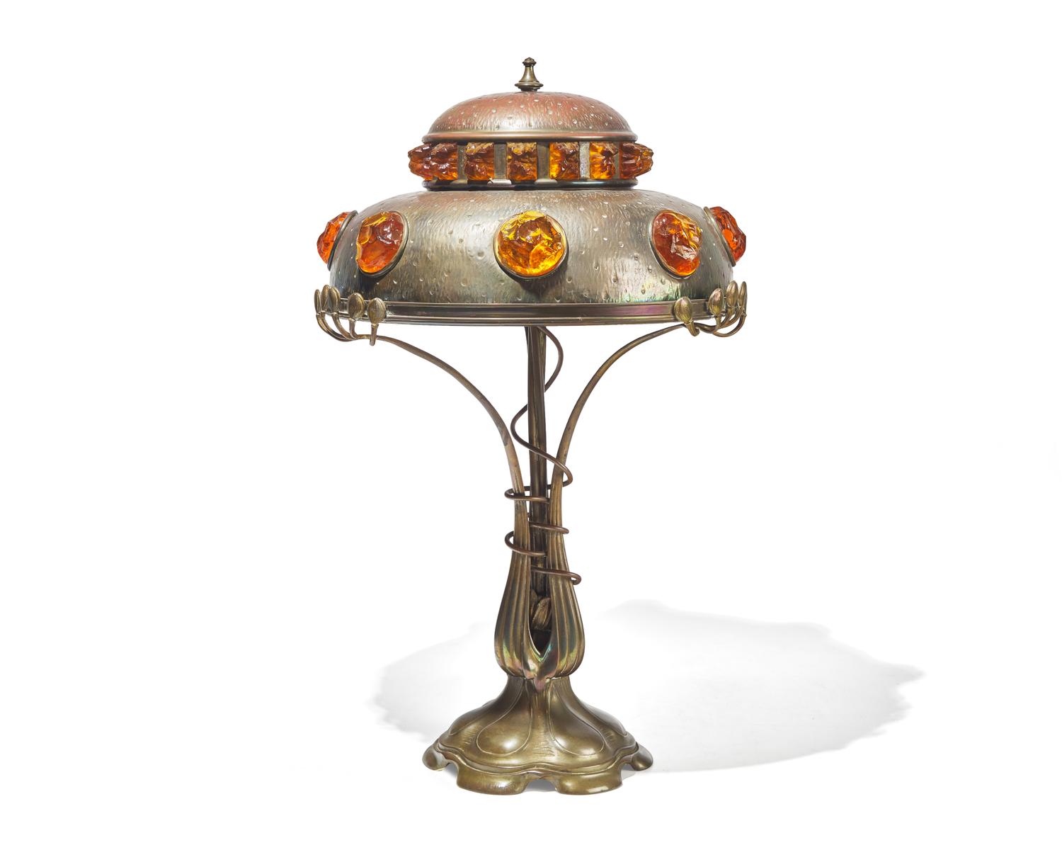 A Jugendstil cast brass and chunk glass "jewel" table lamp, Hermann Eichberg, cast by Braeunlich & Langlotz, Berlin, Germany, circa 1900