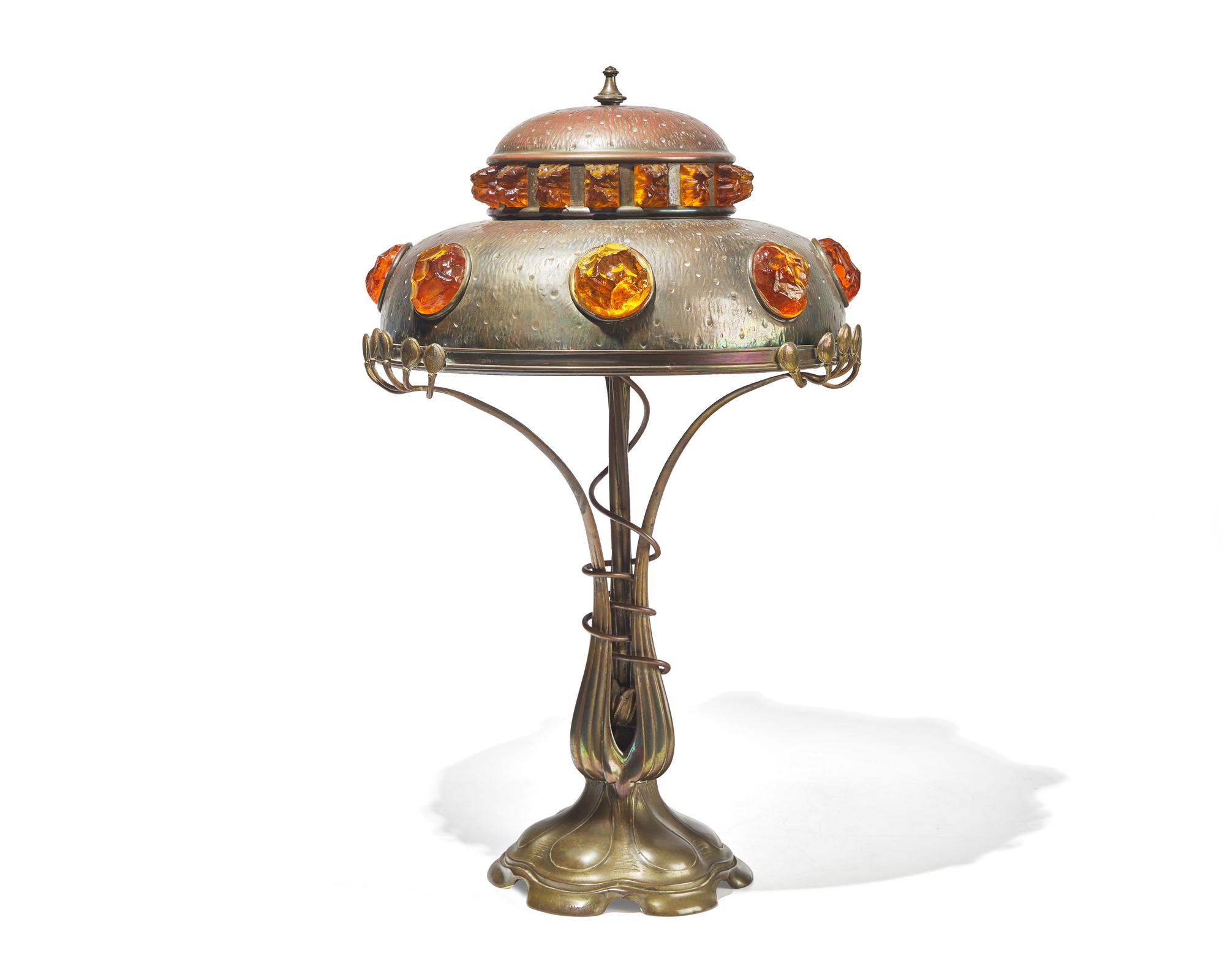 A Jugendstil cast brass and chunk glass "jewel" table lamp, Hermann Eichberg, cast by Braeunlich & Langlotz, Berlin, Germany, circa 1900