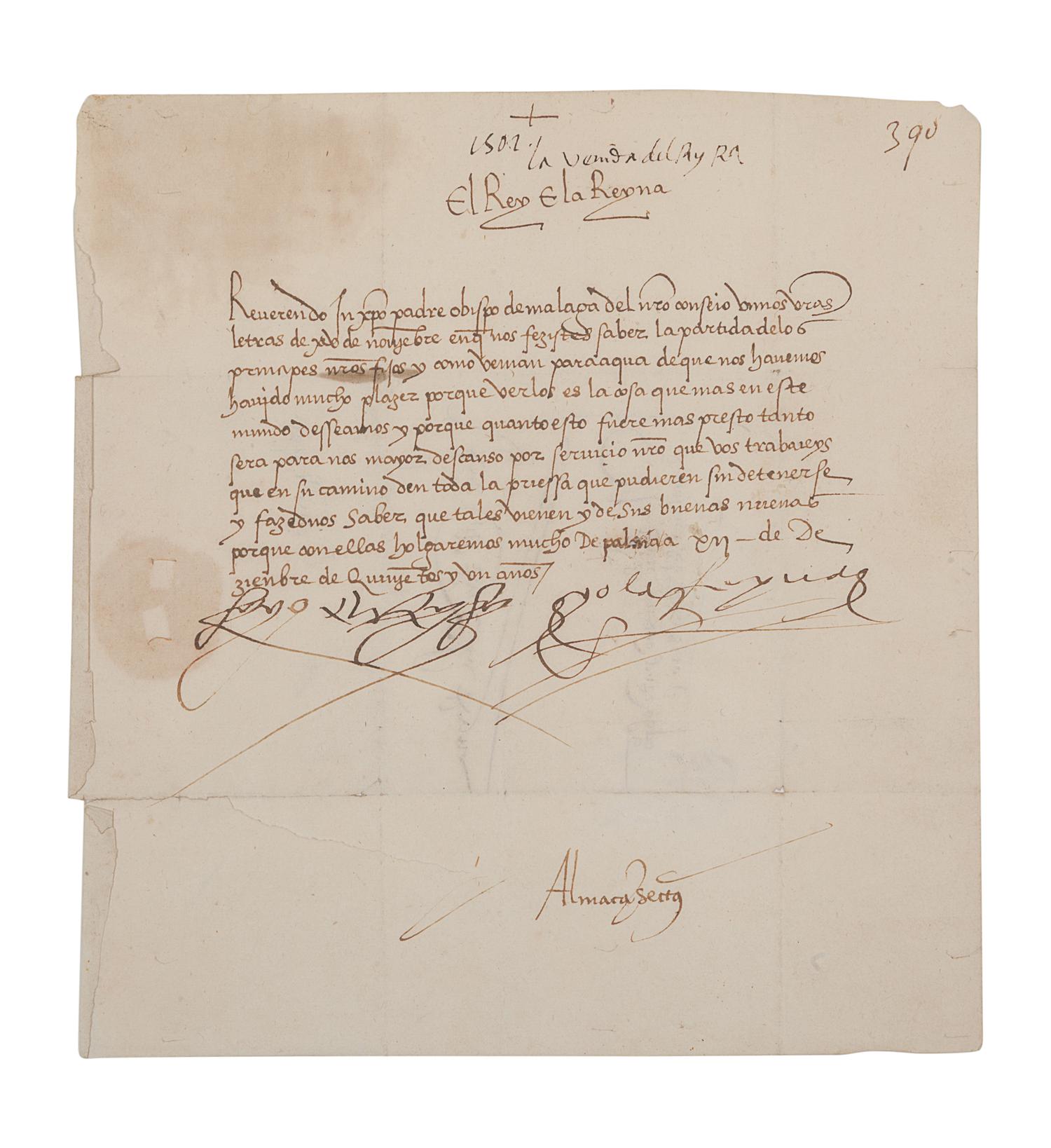 FERDINAND II (1452-1516) and ISABELLA I of Spain (1451-1504). Letter signed at head (“Yo El Rey” & “Yo La Reyna”) to the Bishop of Malaga and his council. Palencia, 12 December 1501. In Spanish. One page, 4to (221 x 206 mm), addressed on verso to the Bishop of Malaga and his council panel. Signed by a secretary “Almacan” at foot on recto. (Some light toning in upper left corner, 4 horizontal teas on lower blank margin, small area of paper thin not affecting signatures or text, folds….) Housed in leather folding case with a matted print. Provenance : Library of Roger Wagner (sold, PBA Galleries, 18 March 2010, lot 70).