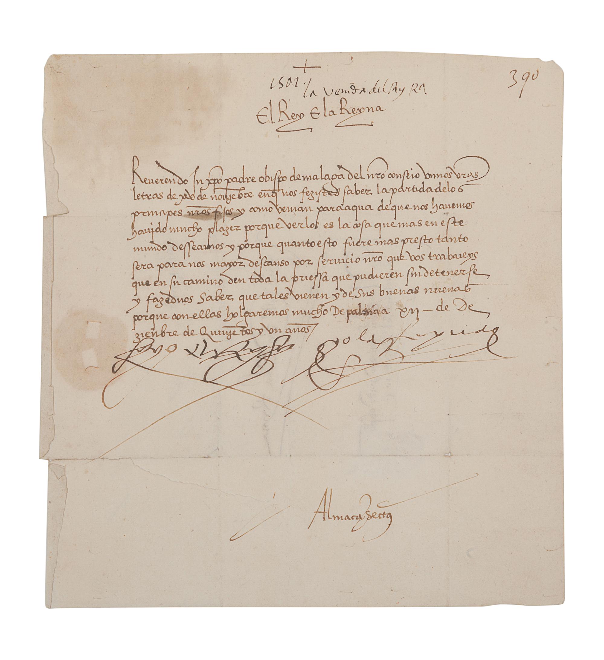 FERDINAND II (1452-1516) and ISABELLA I of Spain (1451-1504). Letter signed at head (“Yo El Rey” & “Yo La Reyna”) to the Bishop of Malaga and his council. Palencia, 12 December 1501. In Spanish. One page, 4to (221 x 206 mm), addressed on verso to the Bishop of Malaga and his council panel. Signed by a secretary “Almacan” at foot on recto. (Some light toning in upper left corner, 4 horizontal teas on lower blank margin, small area of paper thin not affecting signatures or text, folds….) Housed in leather folding case with a matted print. Provenance : Library of Roger Wagner (sold, PBA Galleries, 18 March 2010, lot 70).