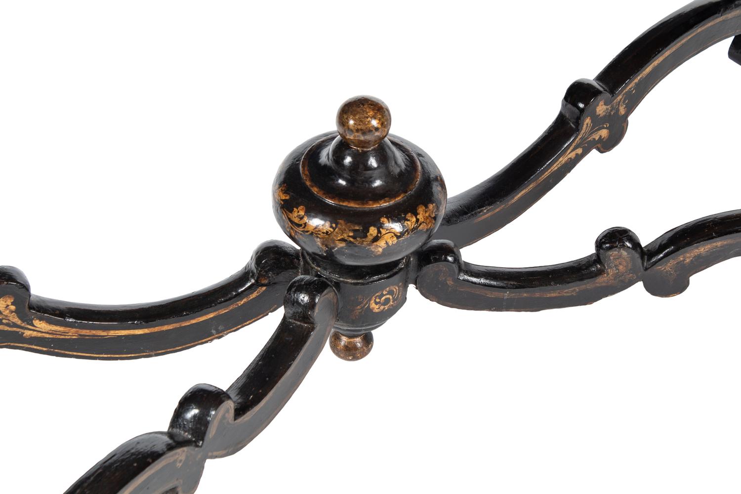 A Pair of English Black and Gilt-Japanned Console Tables
