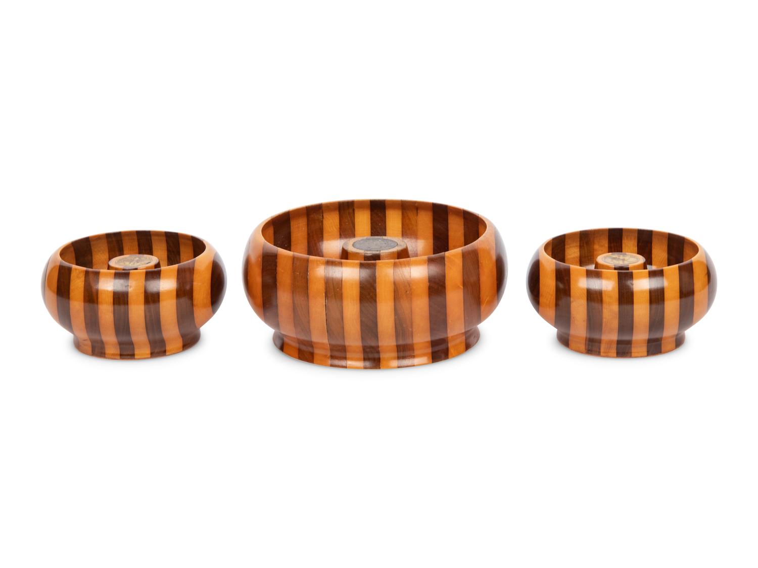 Three Tuned Wood Bowls with Inlaid Coins