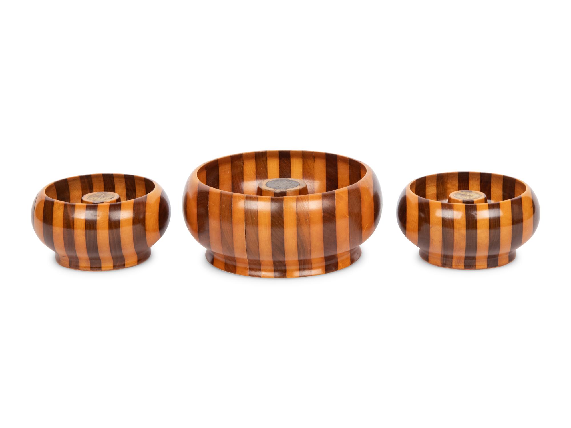 Three Tuned Wood Bowls with Inlaid Coins
