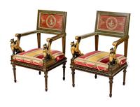 A Pair of North Italian Neoclassical Bronze Mounted Polychrome Painted Armchairs
