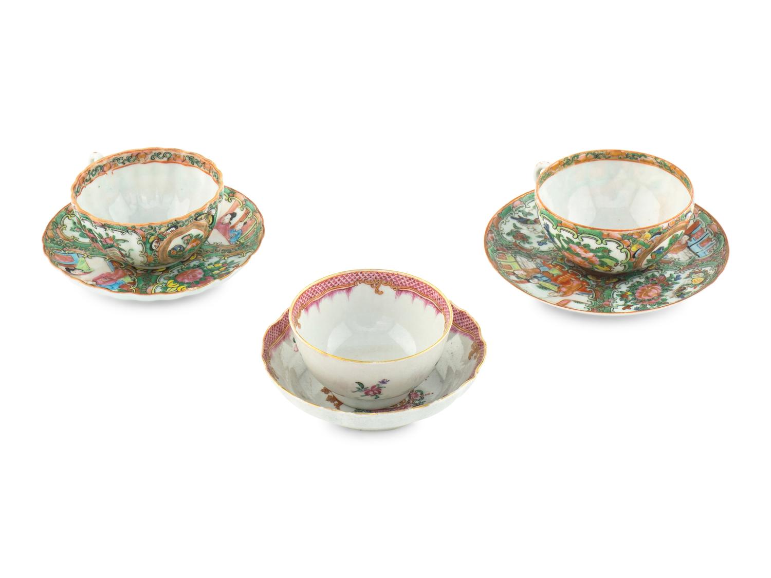 Three Chinese Export Rose Medallion Porcelain Teacups with Saucers