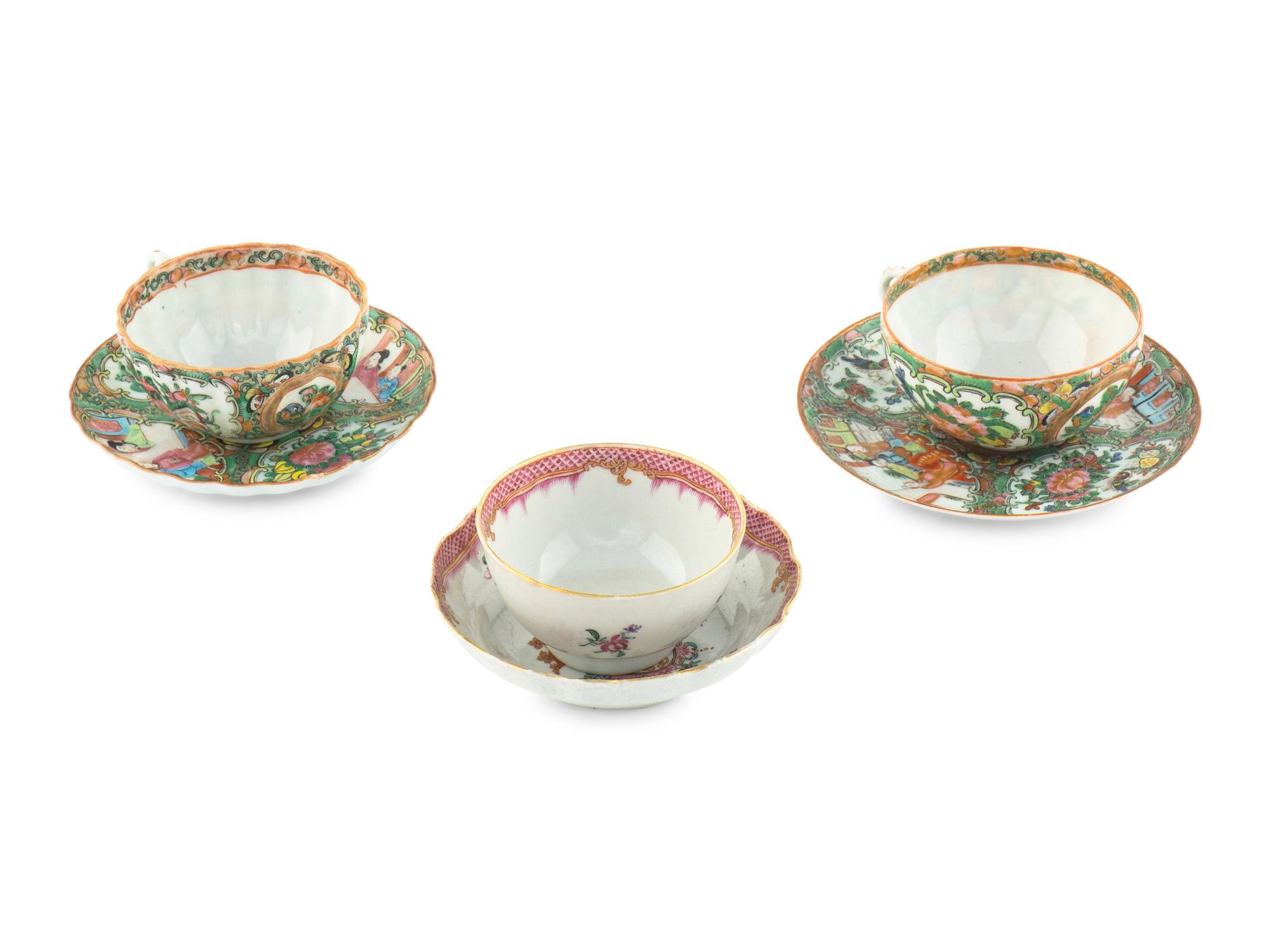Three Chinese Export Rose Medallion Porcelain Teacups with Saucers
