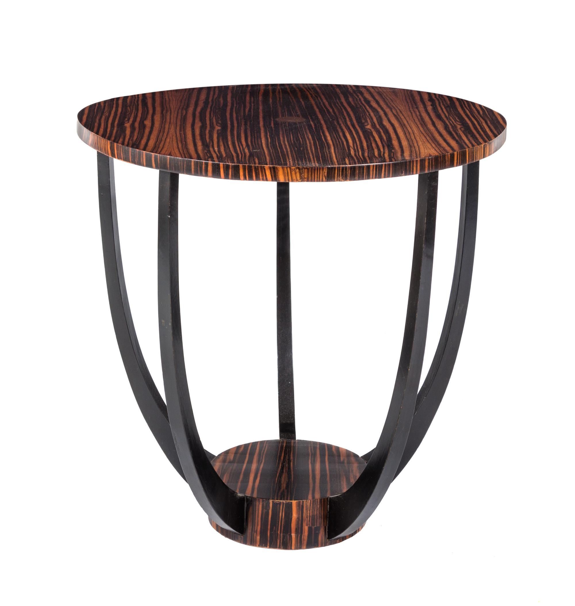 An Art Deco Style Calamander Veneered End Table Height 25 5/8 x diameter 26 inches.