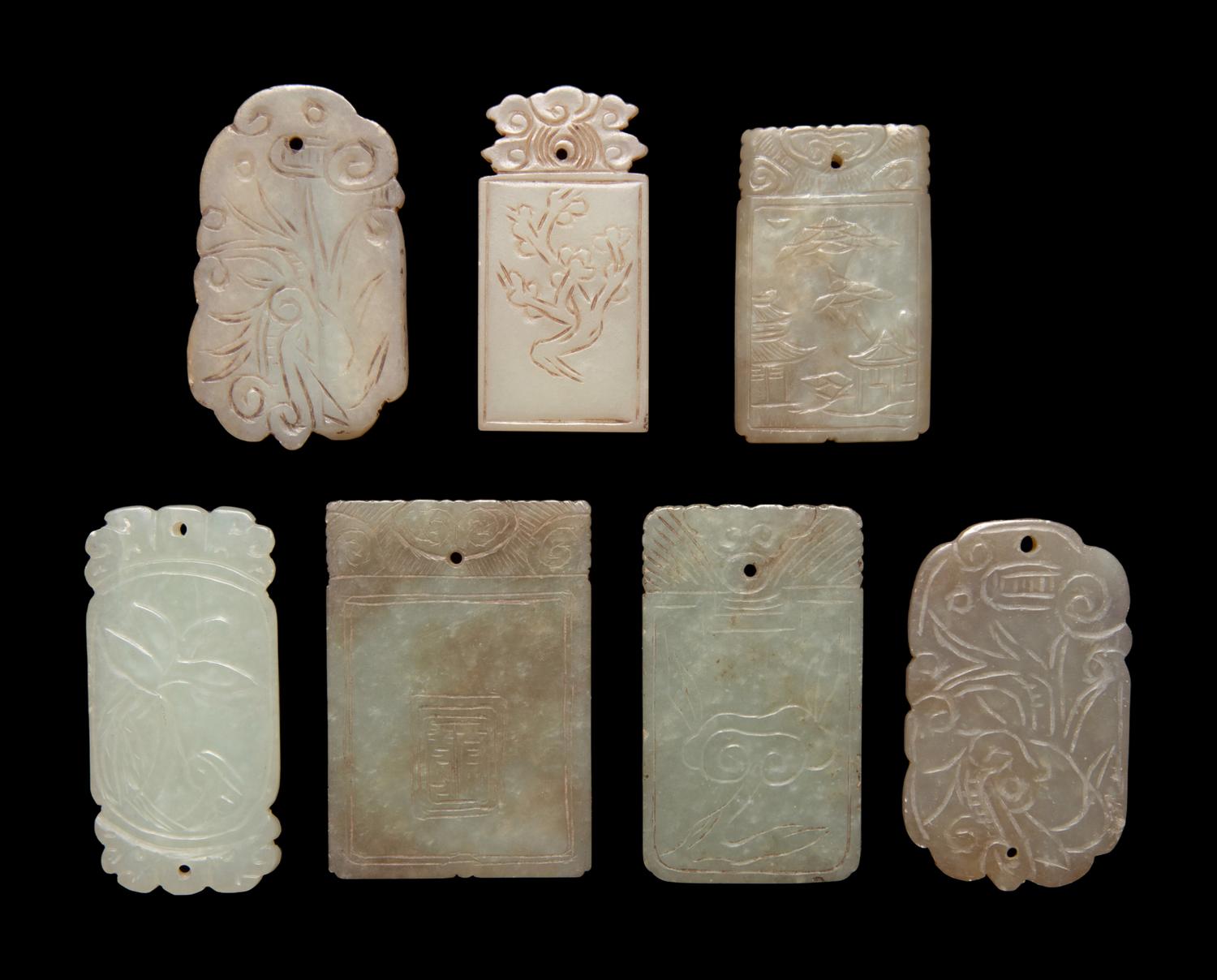 Seven Chinese Celadon Jade Carved Plaques