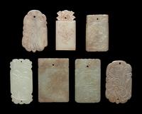 Seven Chinese Celadon Jade Carved Plaques