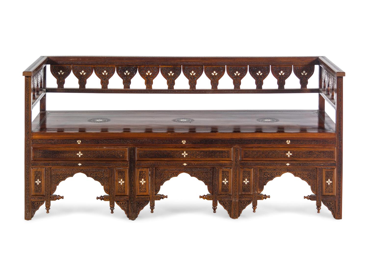 A Syrian Mother-of-Pearl Inlaid Walnut Bench