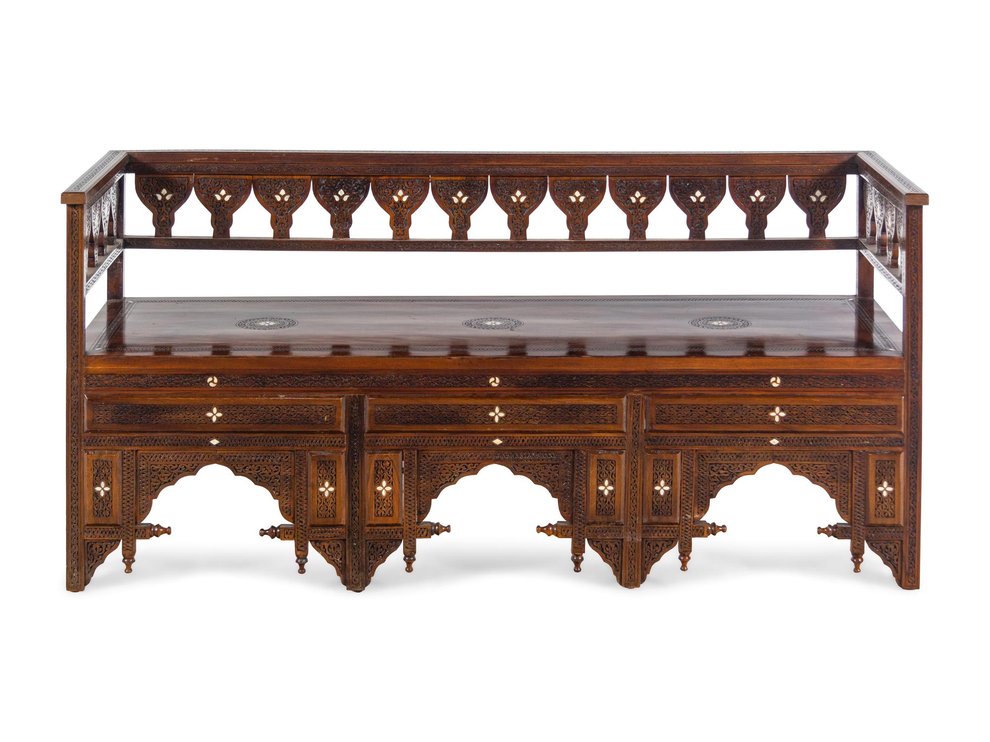 A Syrian Mother-of-Pearl Inlaid Walnut Bench
