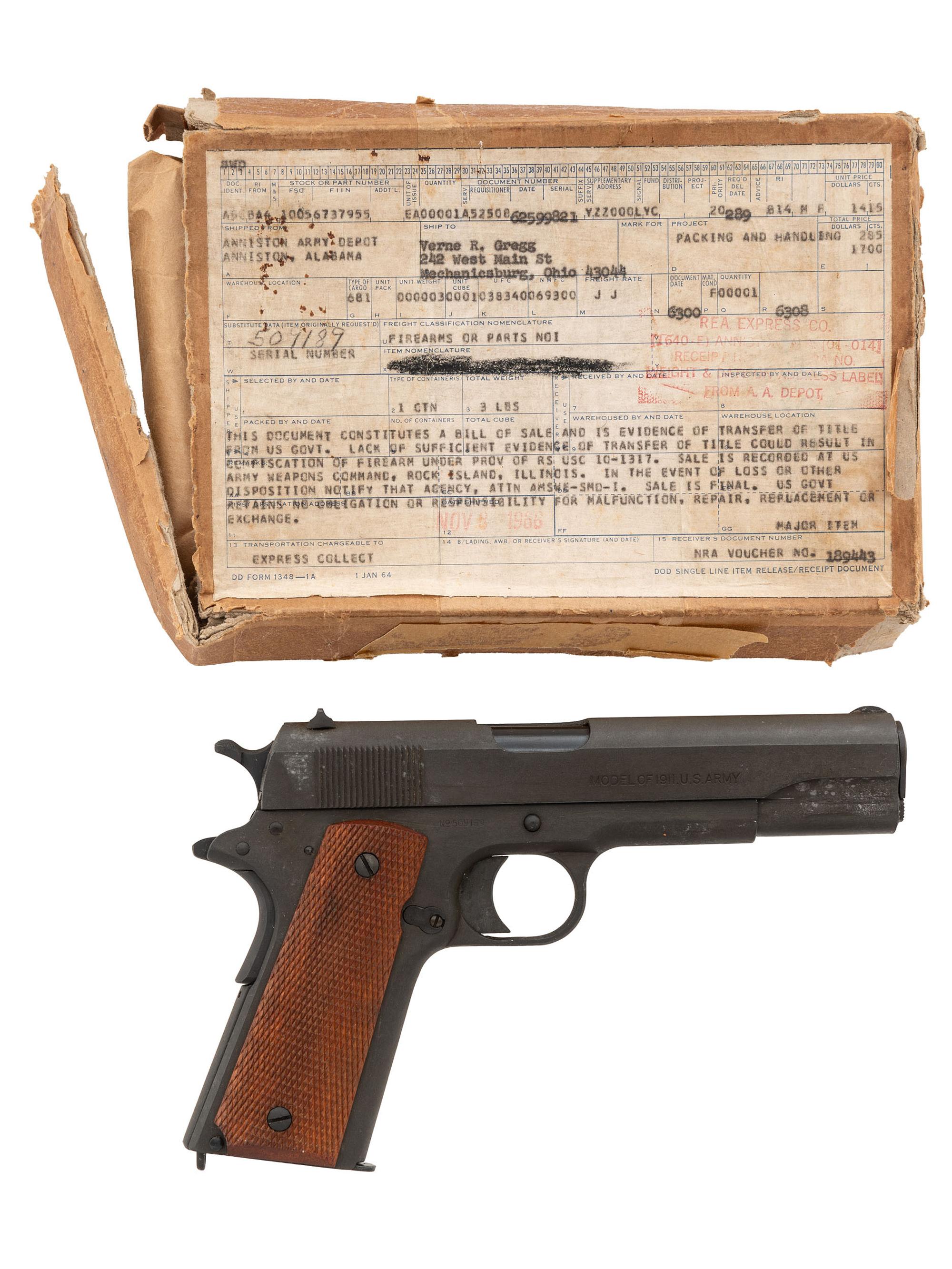 **Colt M1911 Rebuilt at Anniston Arsenal with Shipping Box