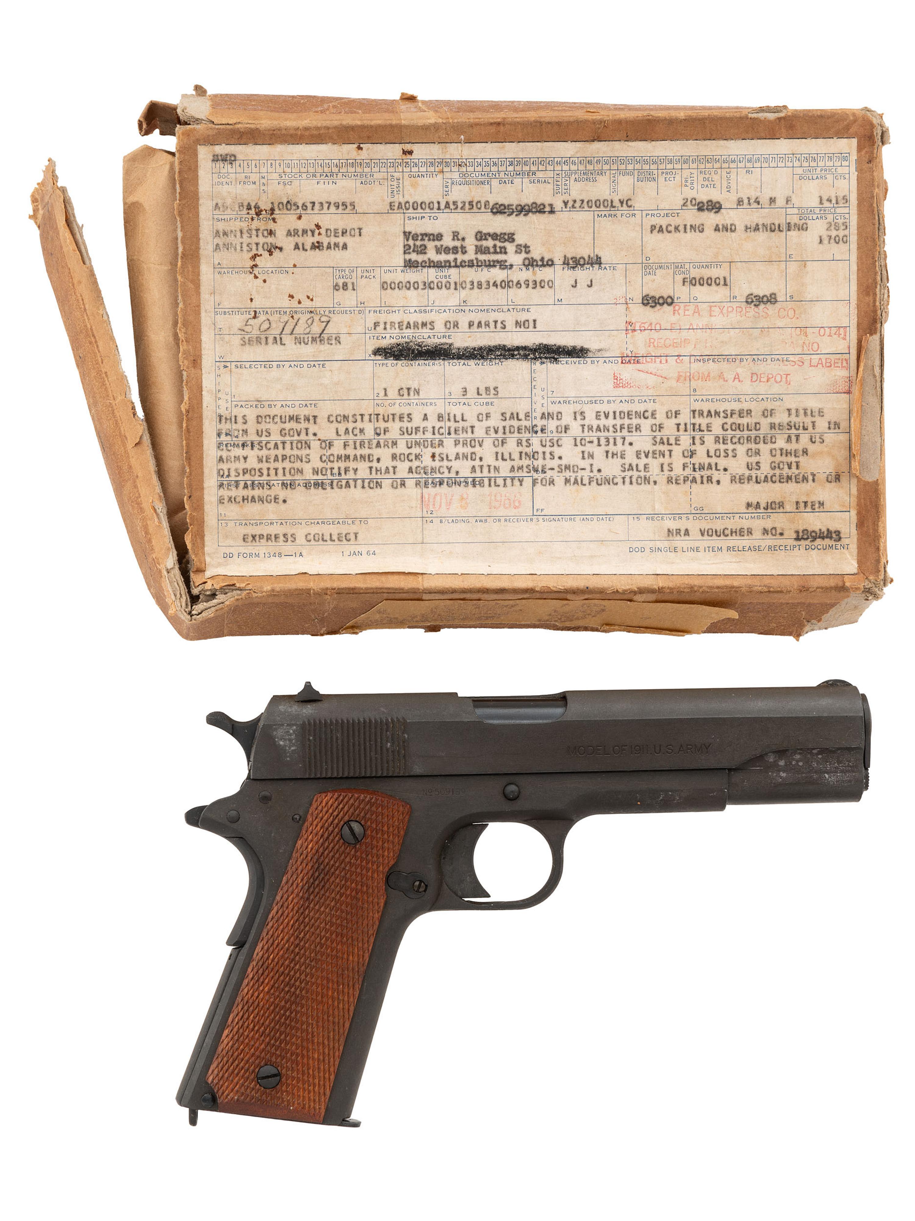 **Colt M1911 Rebuilt at Anniston Arsenal with Shipping Box