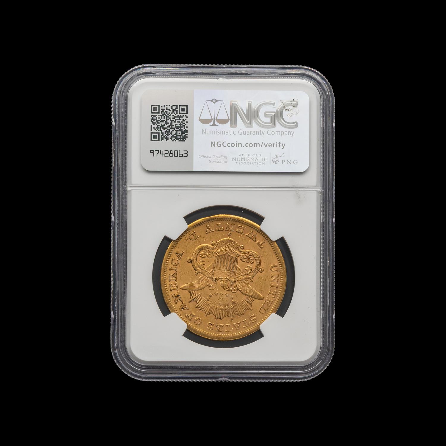 An 1866-S Liberty Head: No Motto $20 Gold Coin [NGC AU55]