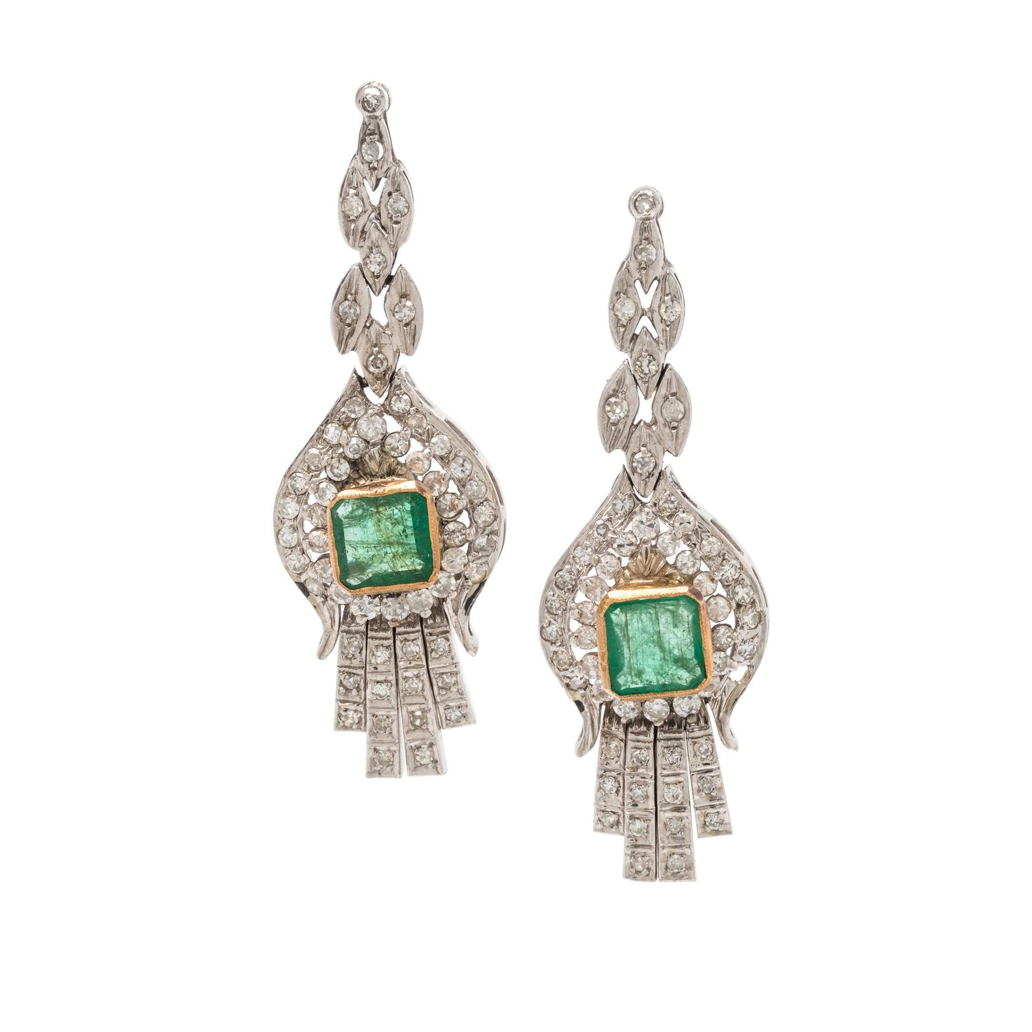 EMERALD AND DIAMOND EARCLIPS