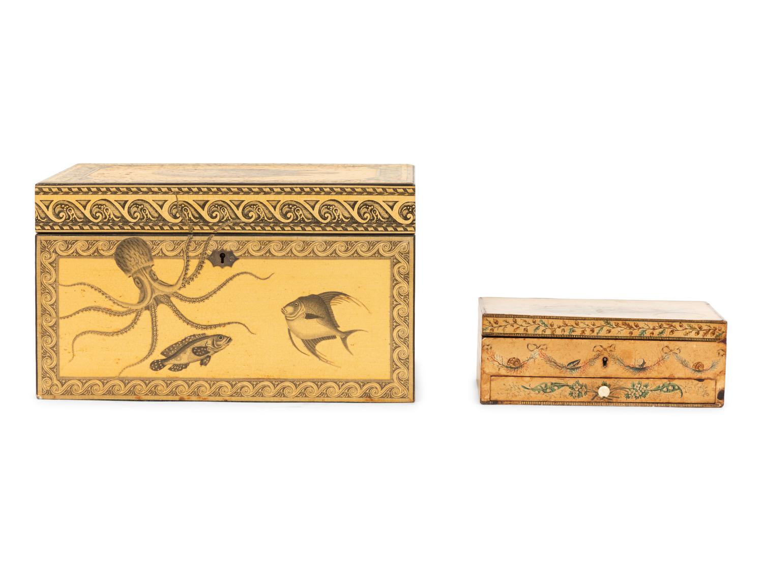 A Large Decoupaged Locking Document Box and a Painted Collaged Writing Box