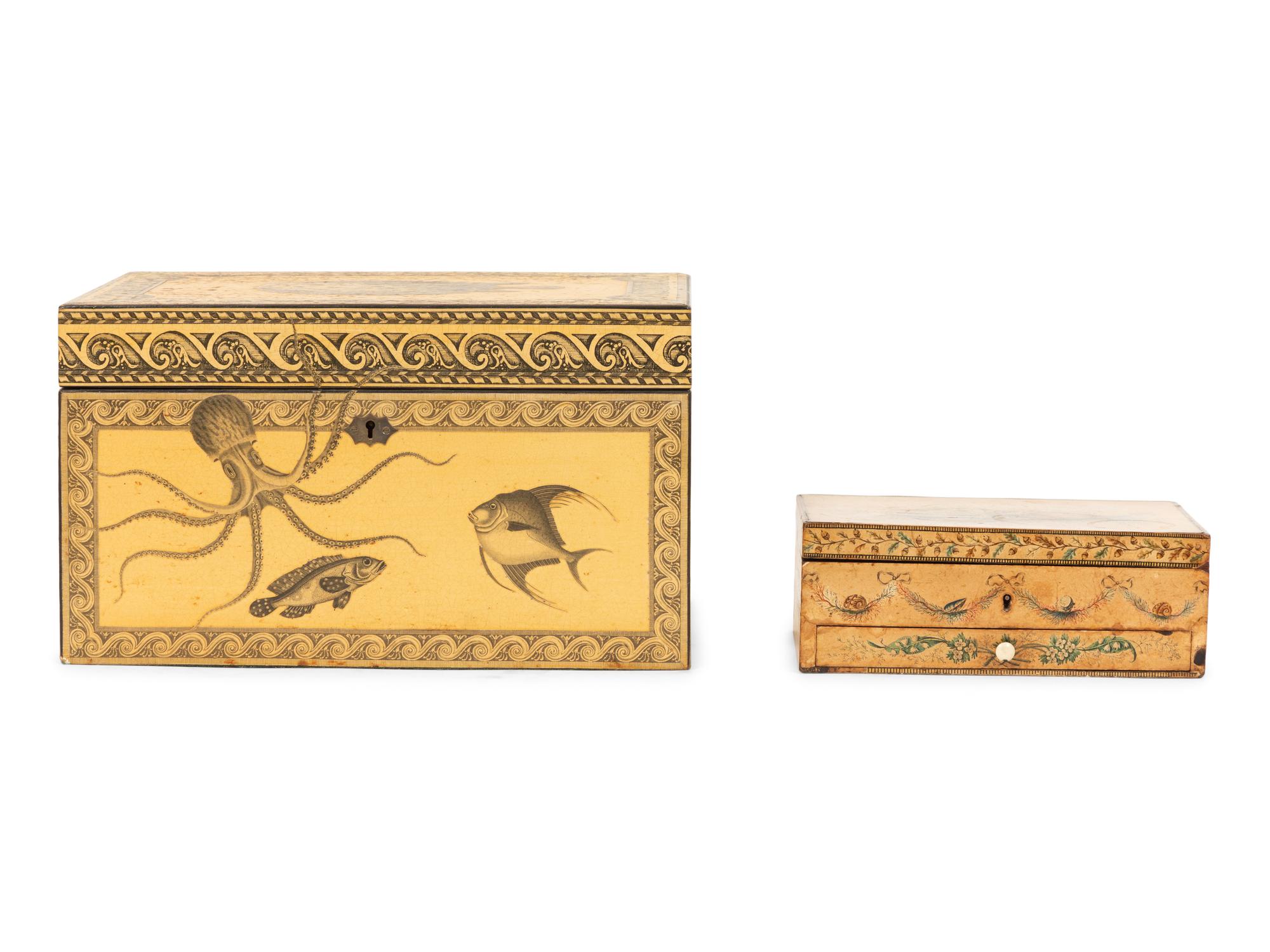 A Large Decoupaged Locking Document Box and a Painted Collaged Writing Box