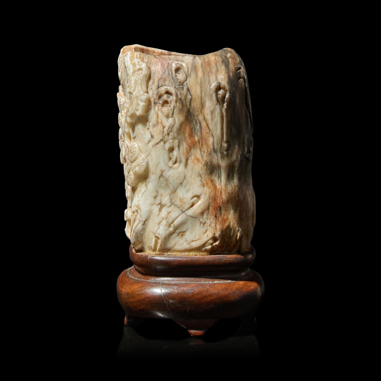 A Small Chinese "Chicken Bone" Jade "Pine" Brush Pot, Qing Dynasty — 清 鸡骨白玉雕松柏纹笔筒