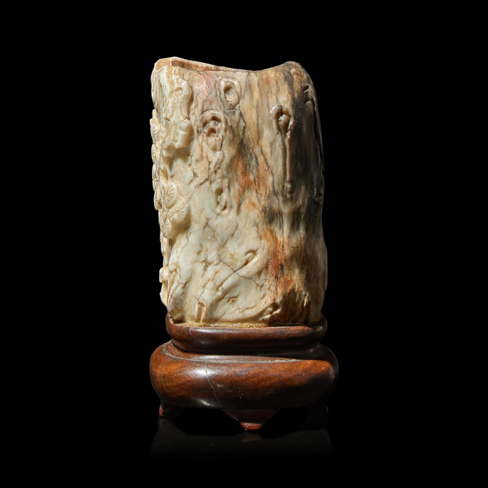 A Small Chinese "Chicken Bone" Jade "Pine" Brush Pot, Qing Dynasty — 清 鸡骨白玉雕松柏纹笔筒