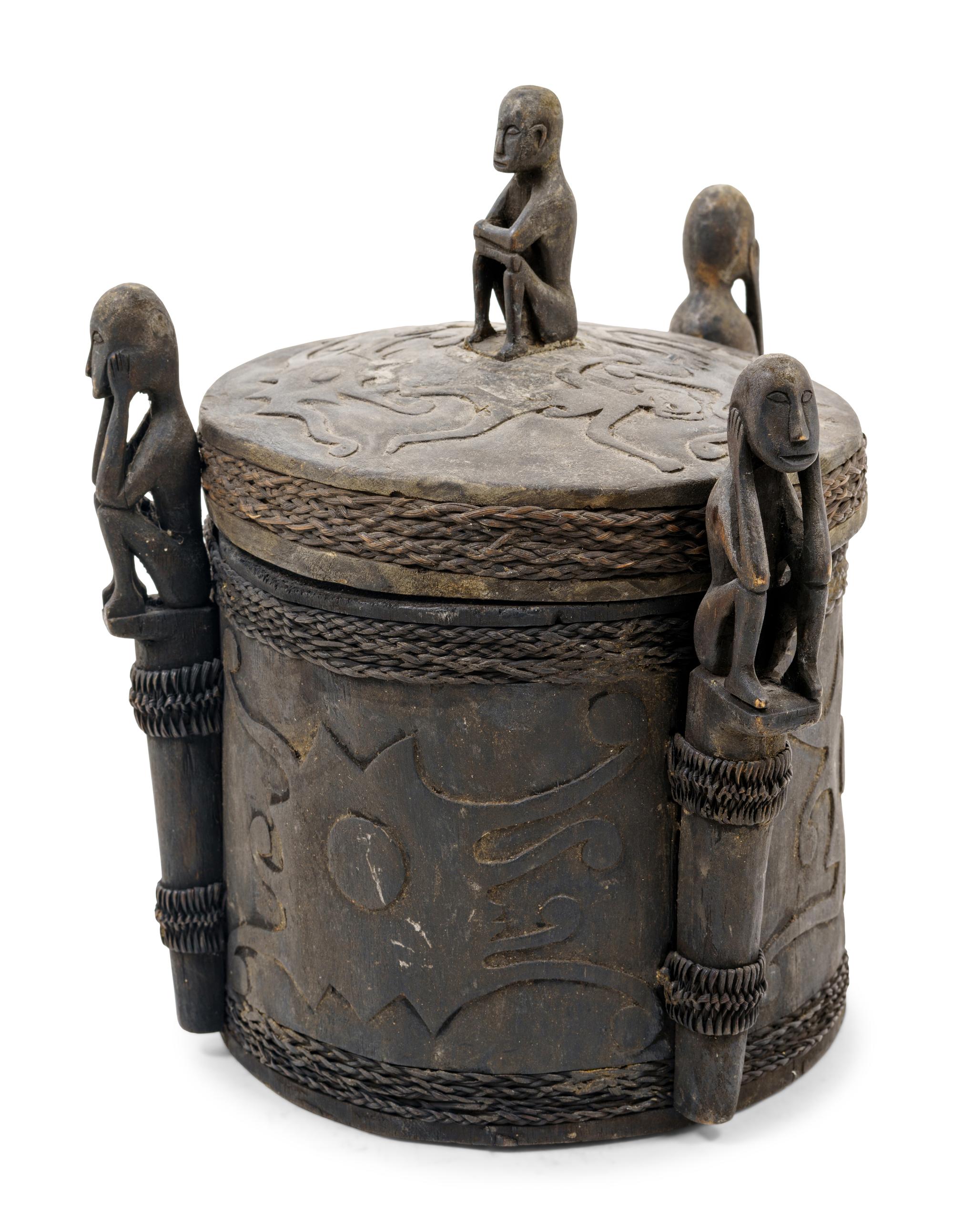 A Borneo Ceremonial Wood and Woven Wicker Lidded Pot