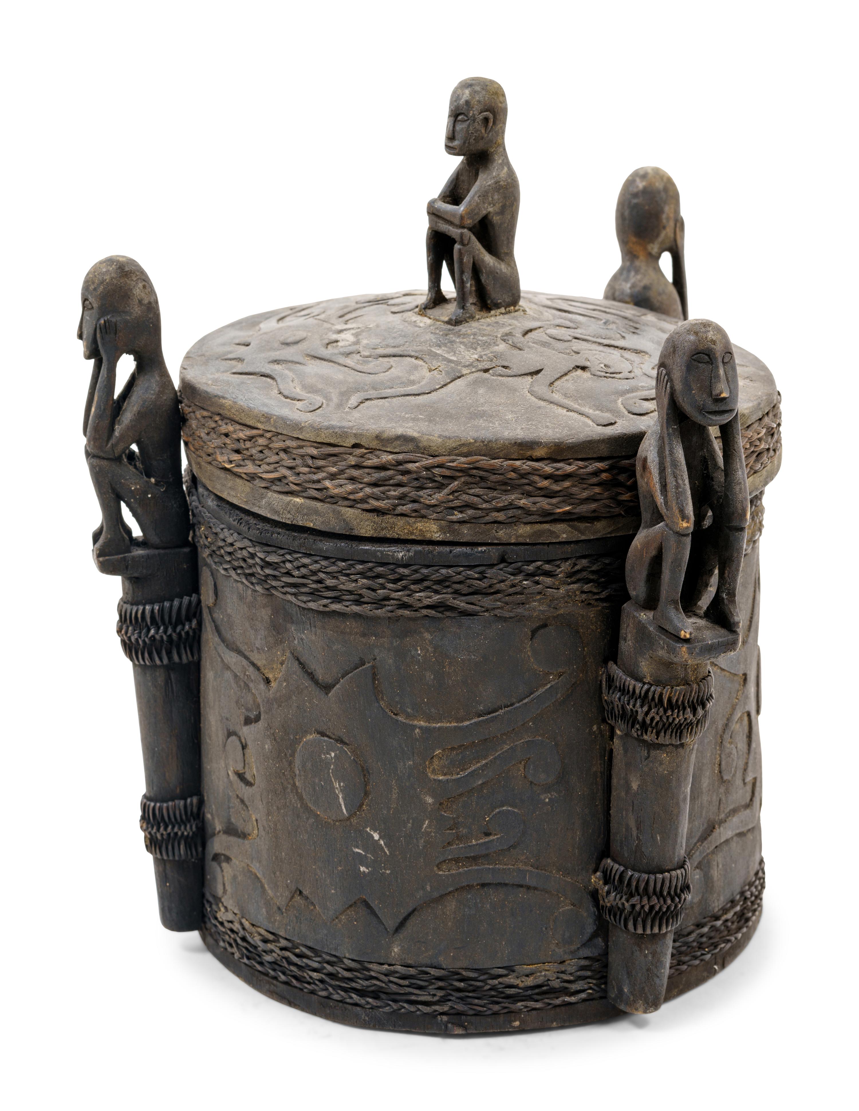 A Borneo Ceremonial Wood and Woven Wicker Lidded Pot