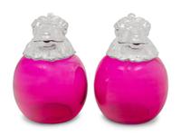 A Pair of Silver-Plate and Pink Glass Ram Decanters