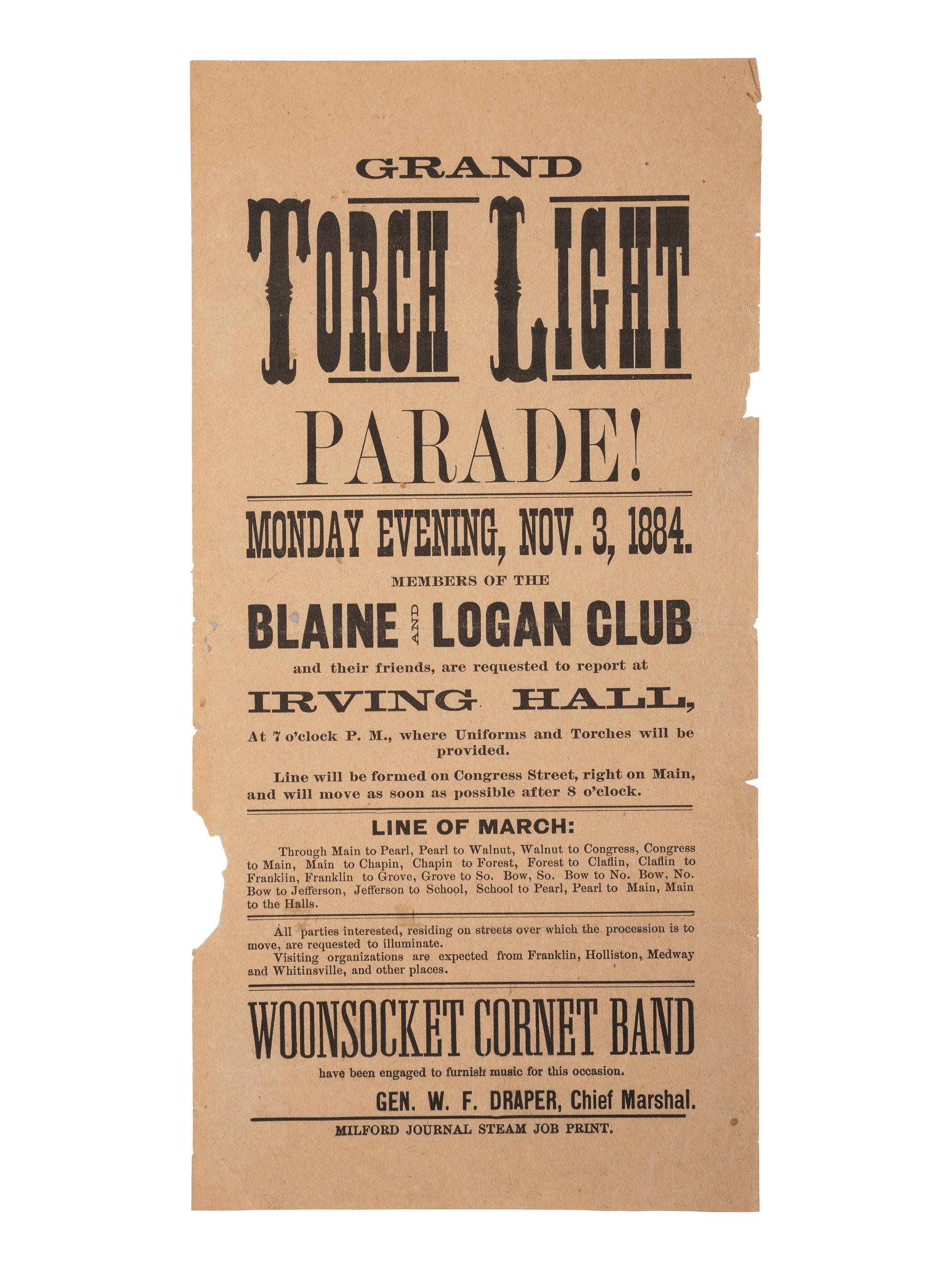 [1884 ELECTION]. -- [BLAINE, James G.]. Broadsides from the 1884 Blaine and Logan campaign including "The Republican Ticket" with jugate portraits.