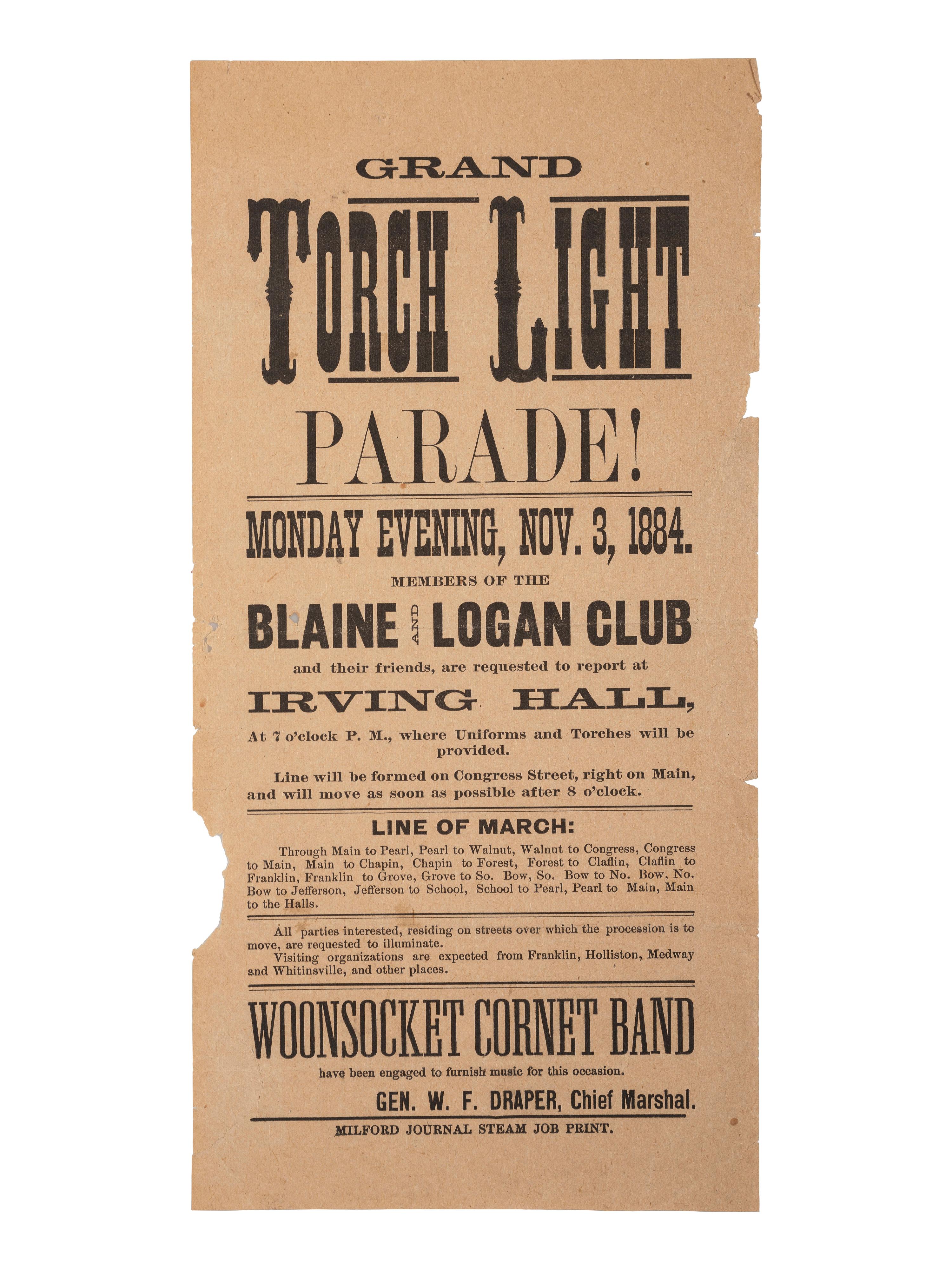 [1884 ELECTION]. -- [BLAINE, James G.]. Broadsides from the 1884 Blaine and Logan campaign including "The Republican Ticket" with jugate portraits.