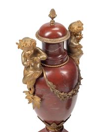 A Pair of Napoleon III Gilt Bronze Mounted Rouge Griotte Marble Urns
