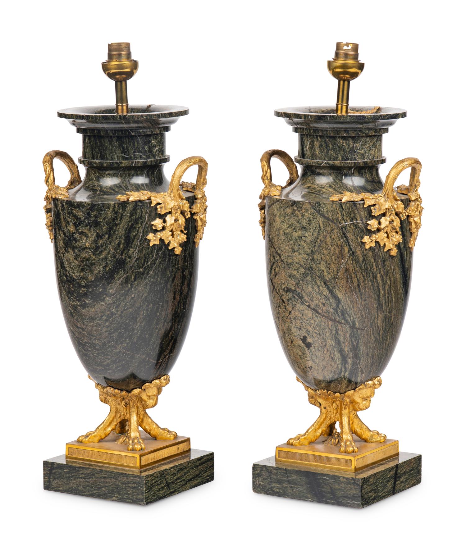 A Pair of French Gilt Bronze Mounted Green Marble Vases