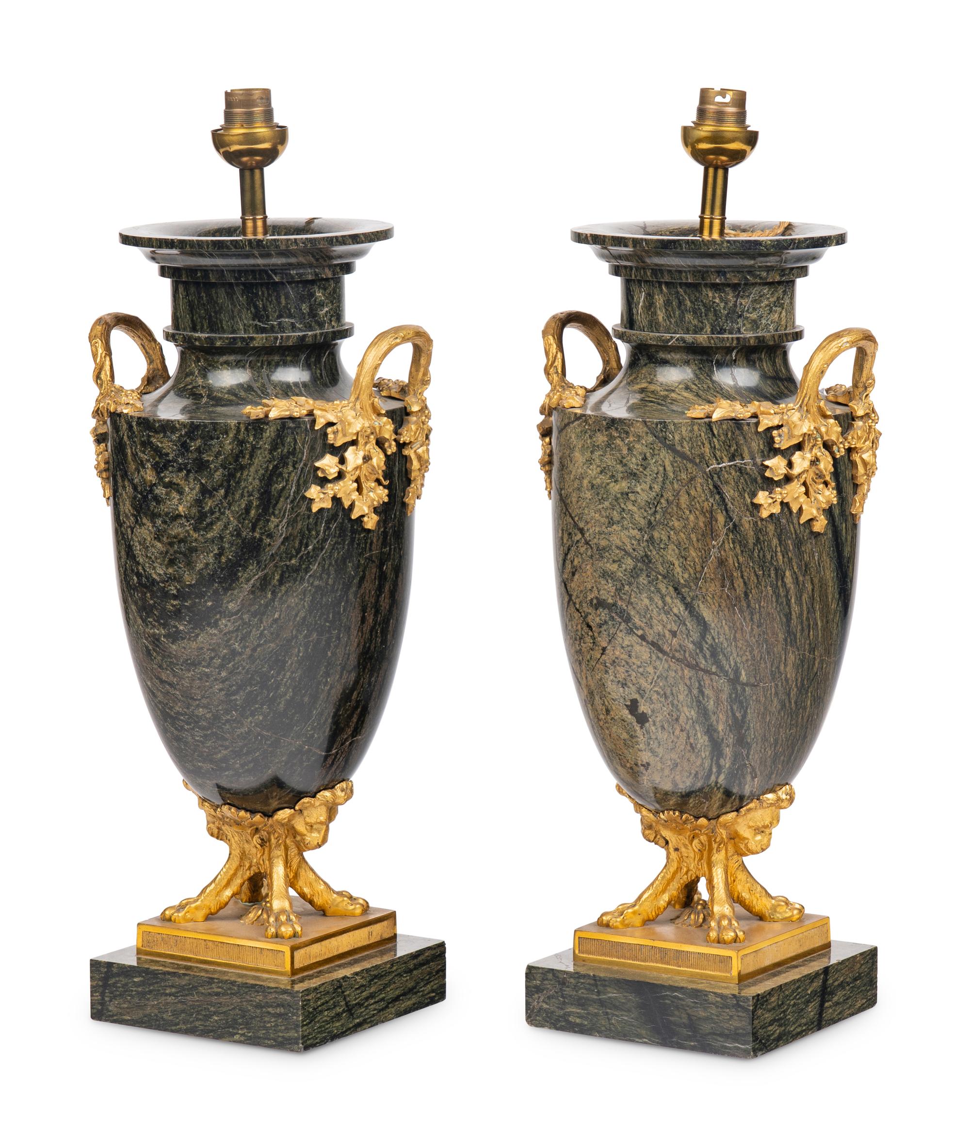 A Pair of French Gilt Bronze Mounted Green Marble Vases
