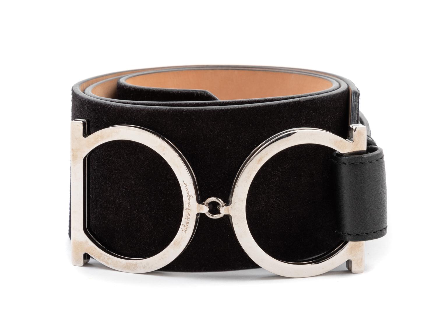Ferragamo Black Leather Belt with Double Silvertone Buckle, 1990-2000s
