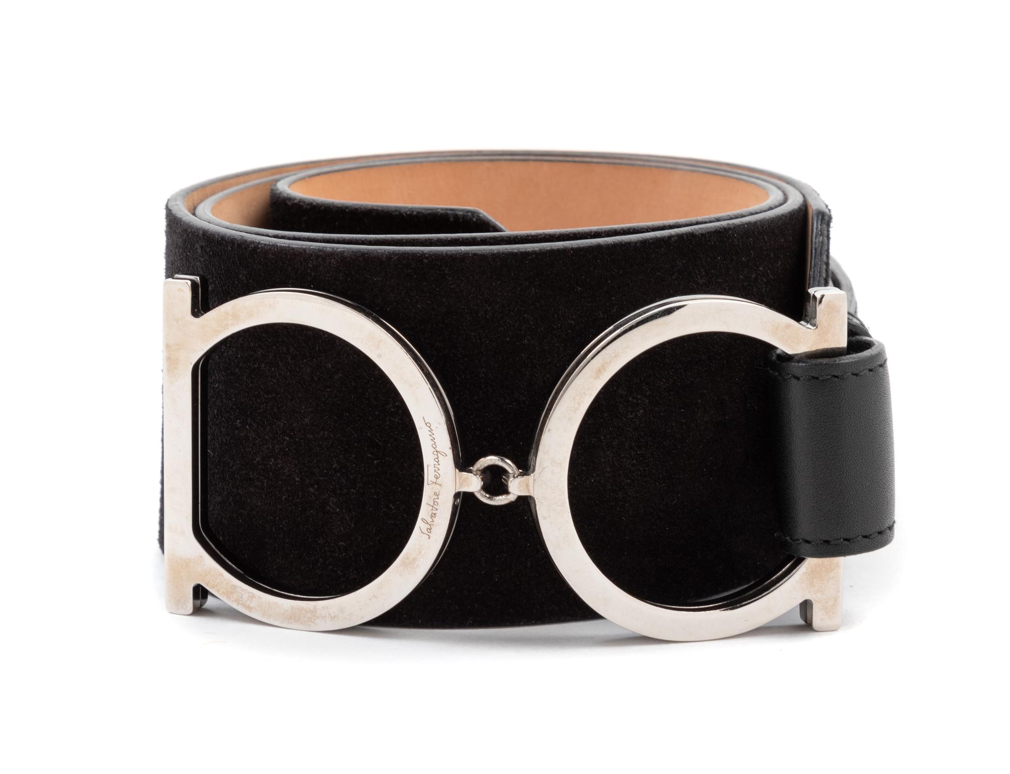 Ferragamo Black Leather Belt with Double Silvertone Buckle, 1990-2000s
