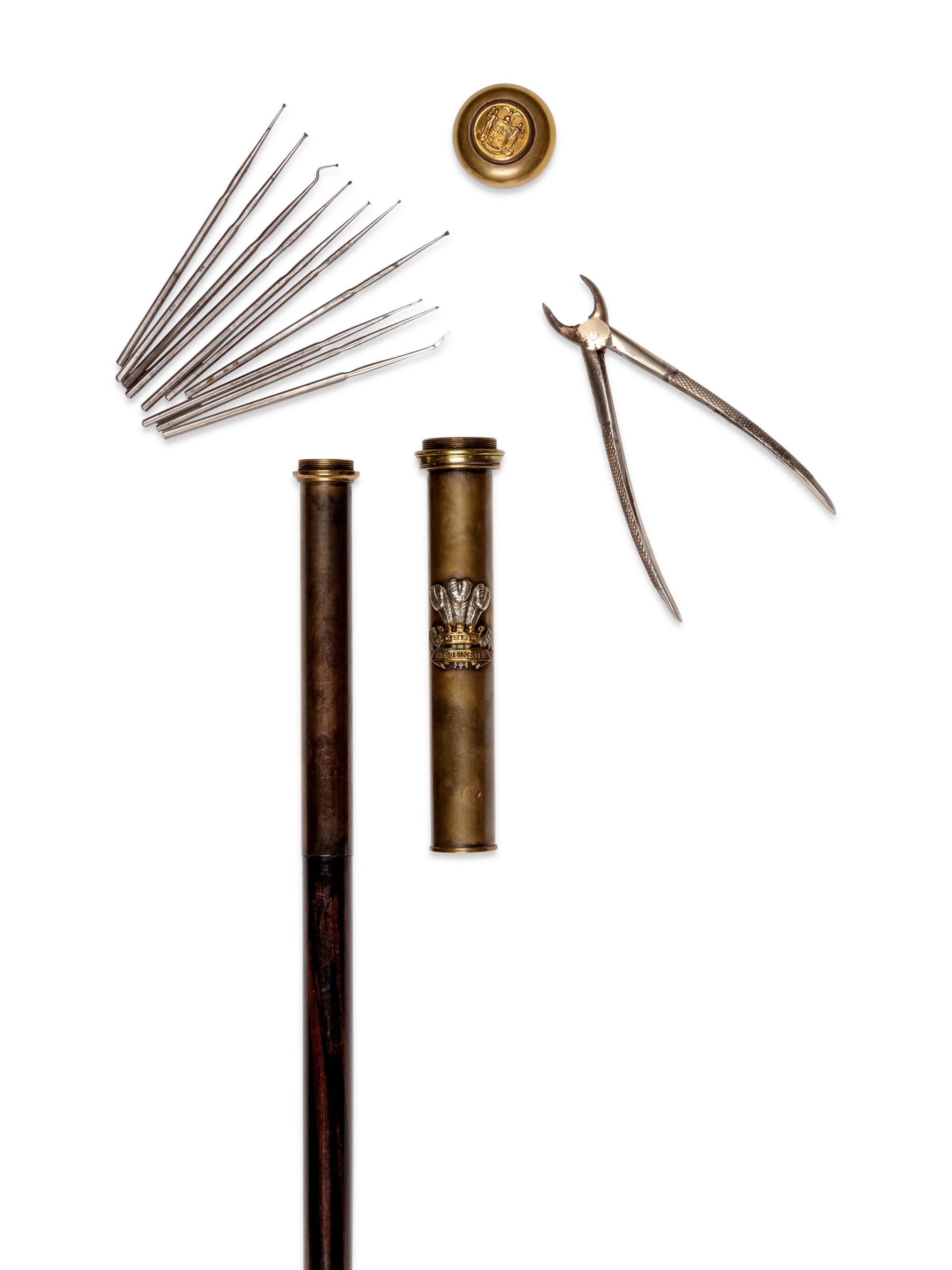 An English Silvered Metal Mounted Brass 'Leinster Regiment' Dentist's Walking Stick