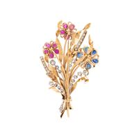 RETRO, DIAMOND, COLORED DIAMOND AND MULTIGEM FLOWER BROOCH