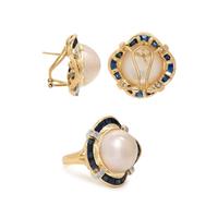 CULTURED MABE PEARL, SAPPHIRE AND DIAMOND SET
