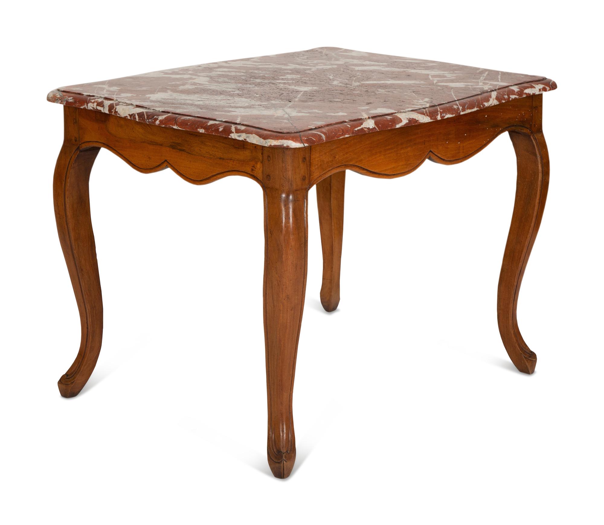 A French Provincial Louis XV Style Fruitwood Table with Rouge Marble Top