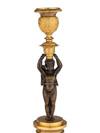 A Pair of Restauration Ormolu and Patinated Bronze Figural Candlesticks