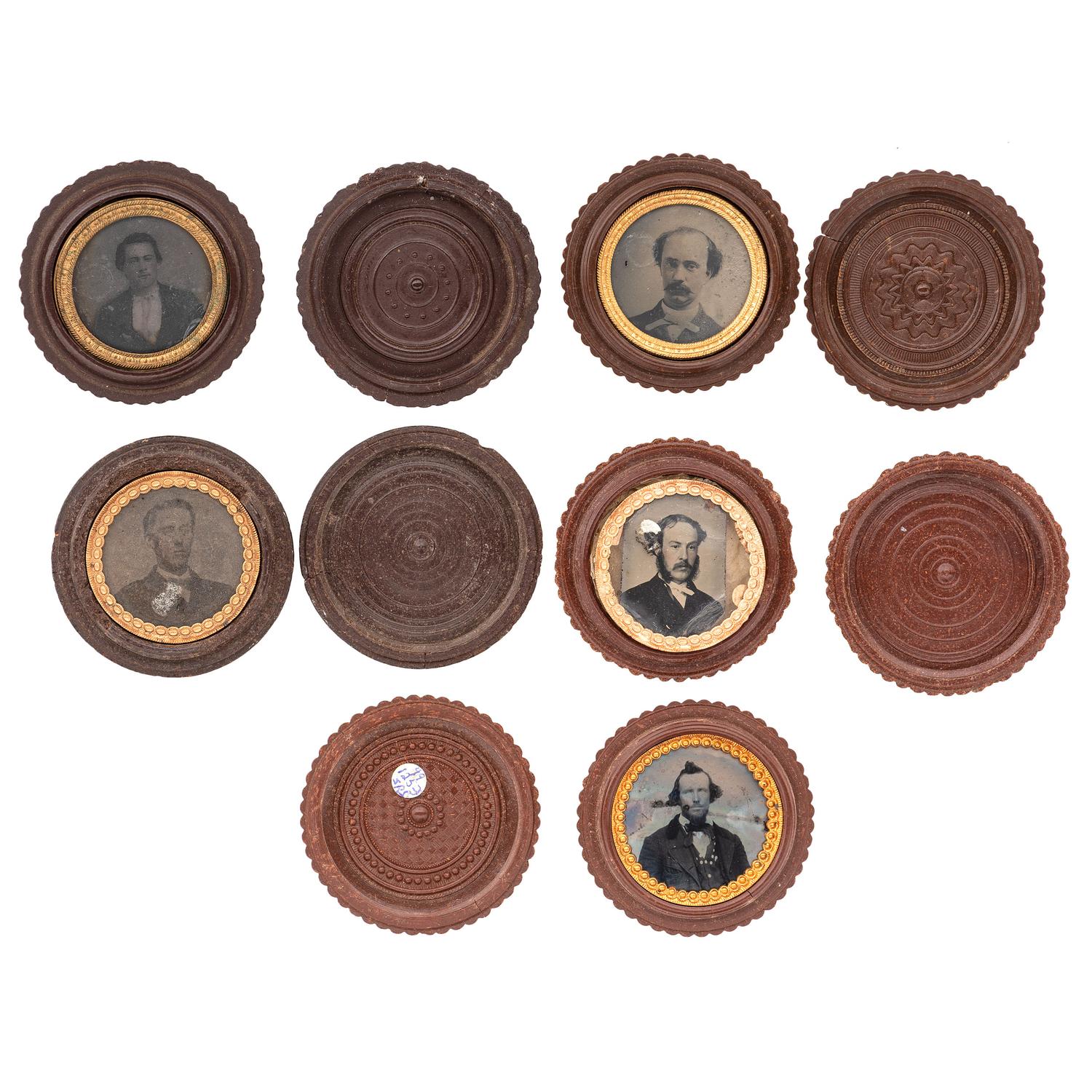 [EARLY PHOTOGRAPHY - UNION CASES]. A group of 10 brown "oreo" union cases containing portraits of male subjects, including: