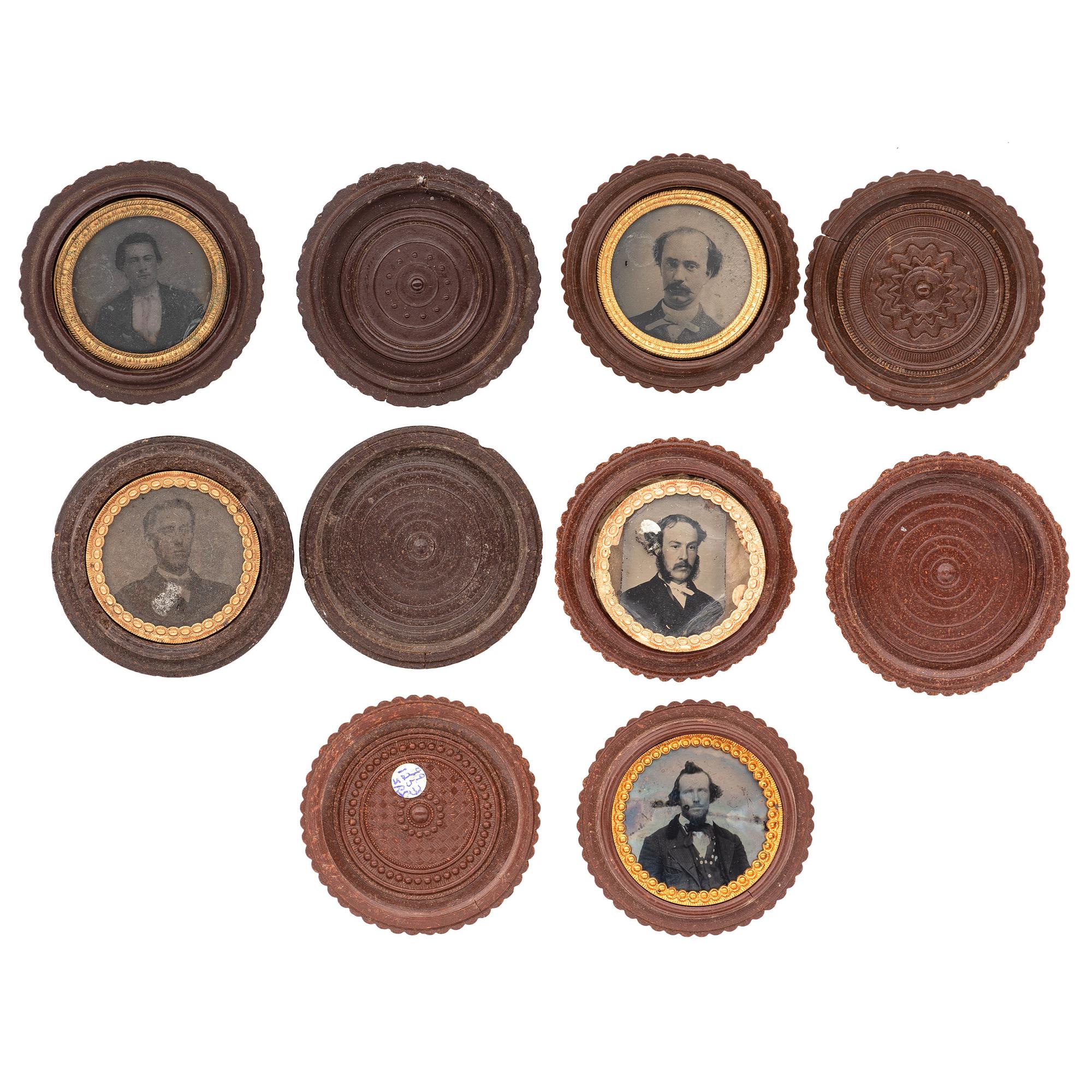 [EARLY PHOTOGRAPHY - UNION CASES]. A group of 10 brown "oreo" union cases containing portraits of male subjects, including: