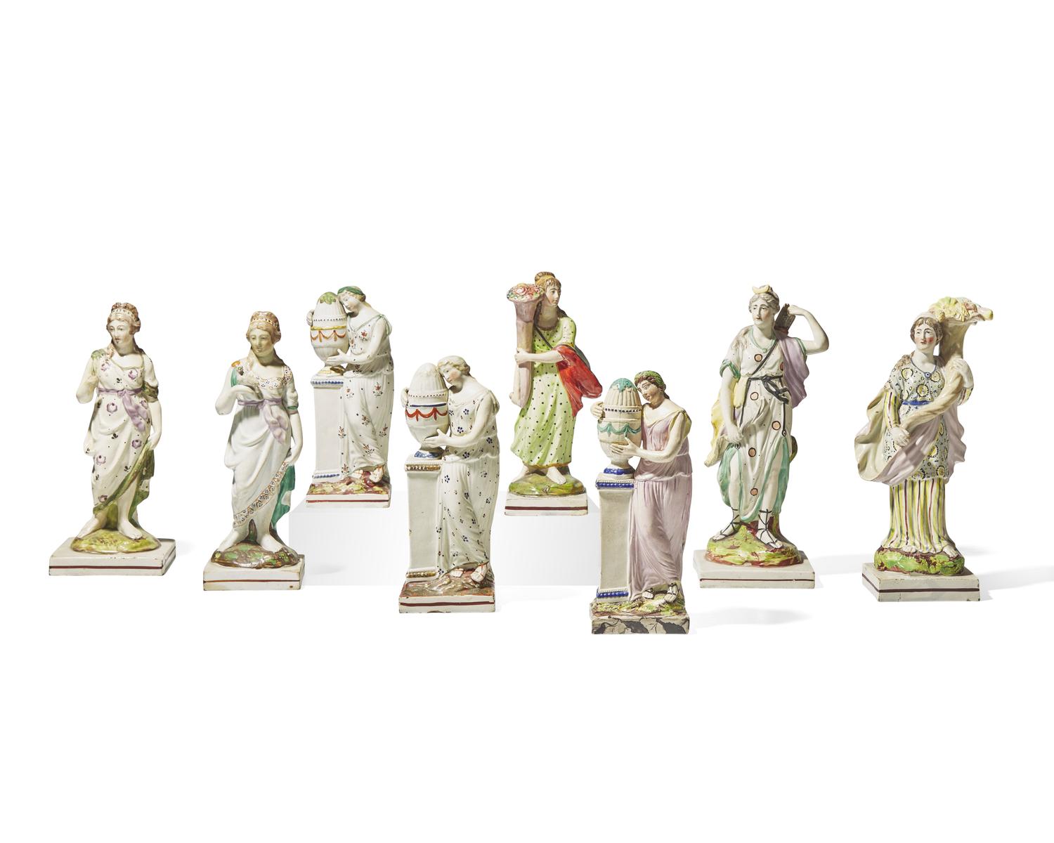 A collection of eight Staffordshire figures, England, late 18th / early 19th century