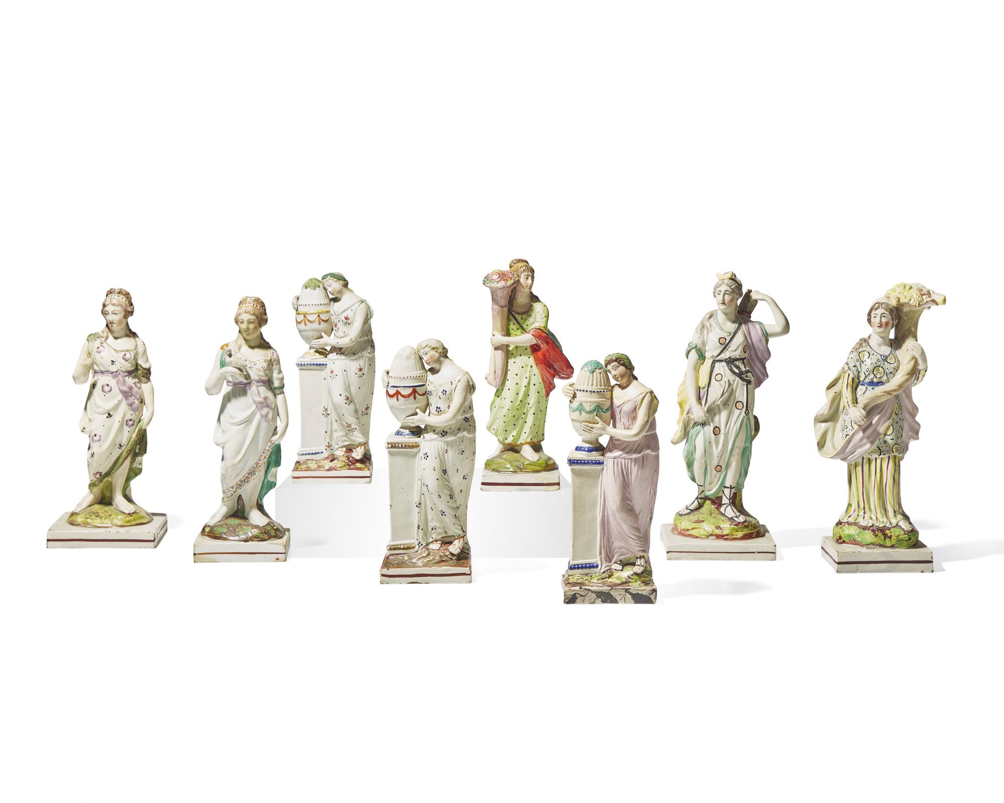 A collection of eight Staffordshire figures, England, late 18th / early 19th century