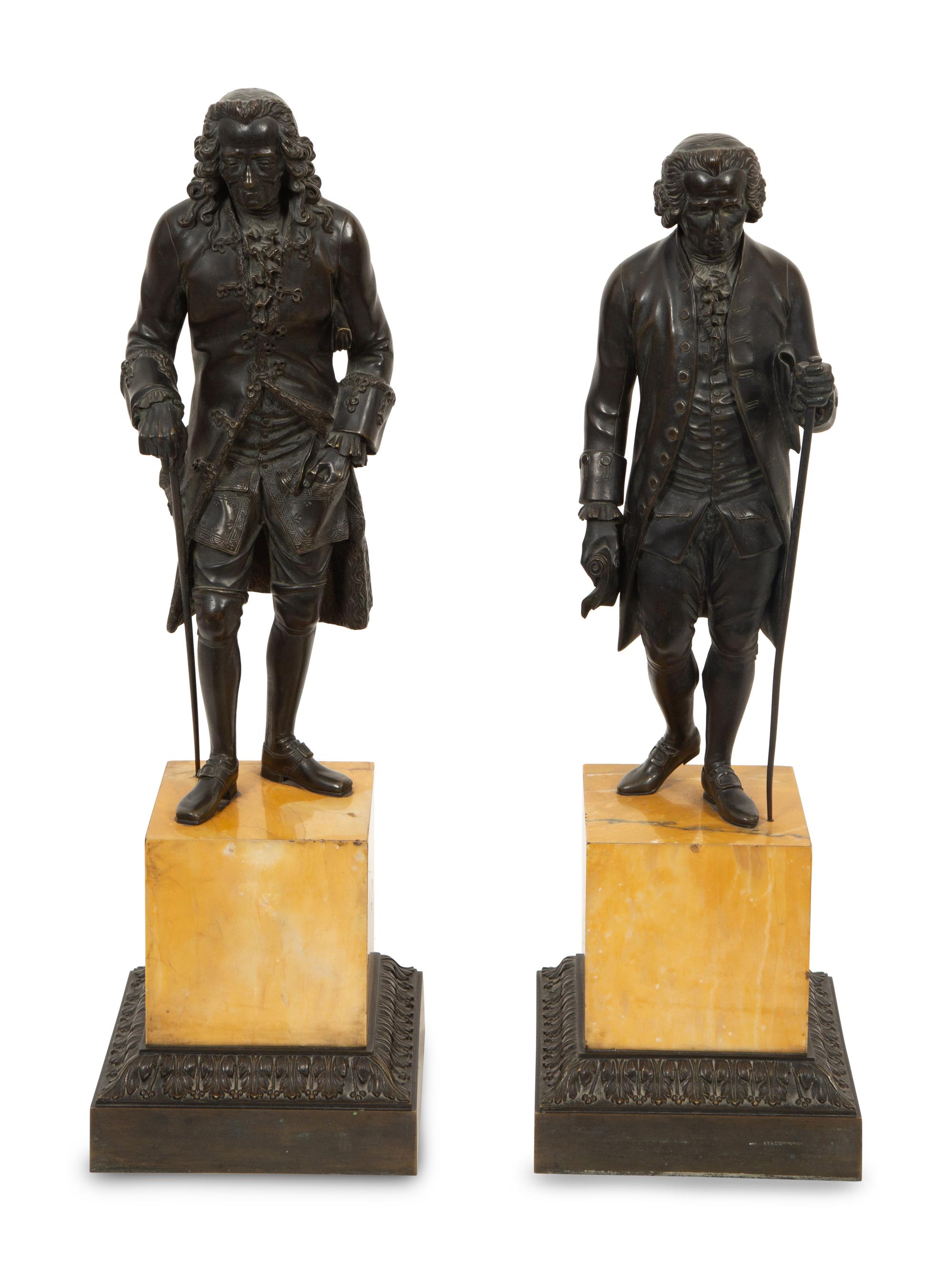 A Pair of French Patinated Bronze Figures of Rousseau and Voltaire