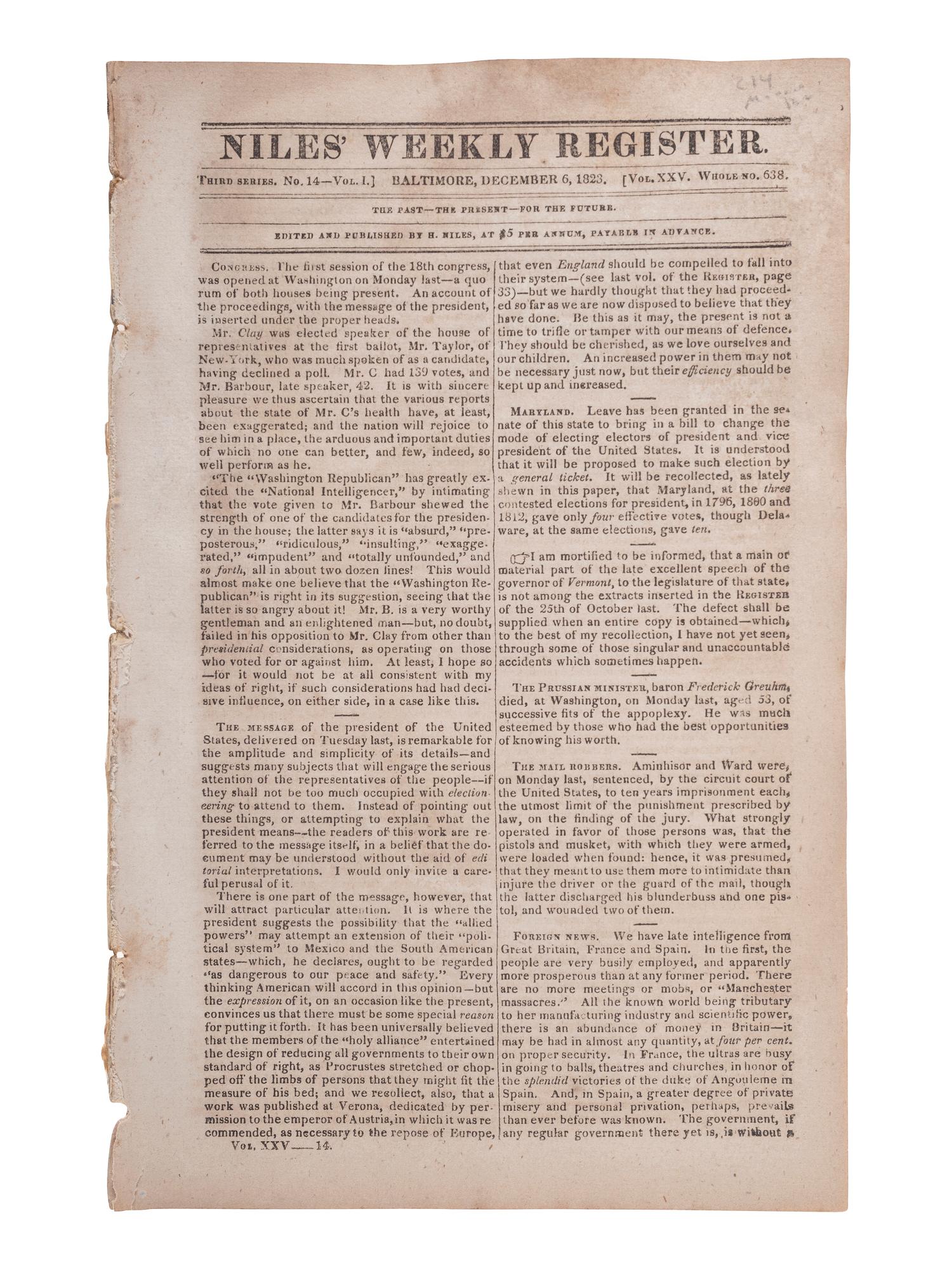 [POLITICS - MONROE, James (1758-1831)]. Niles Weekly Register. Baltimore, 6 December 1823.
