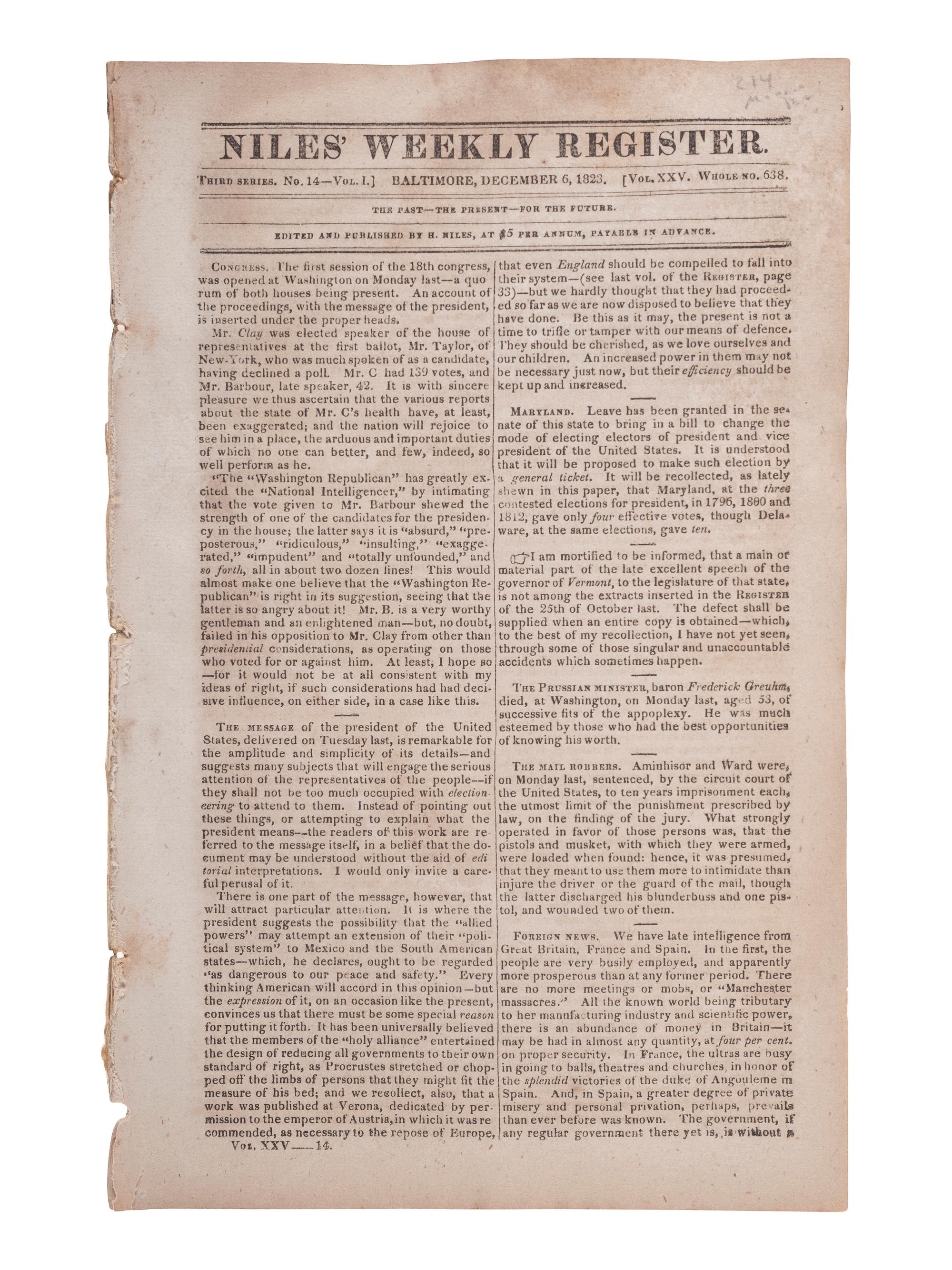 [POLITICS - MONROE, James (1758-1831)]. Niles Weekly Register. Baltimore, 6 December 1823.