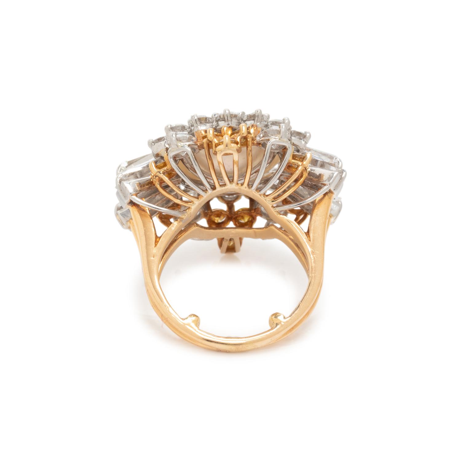 OSCAR HEYMAN & BROTHERS, SOUTH SEA CULTURED PEARL, DIAMOND AND COLORED DIAMOND RING