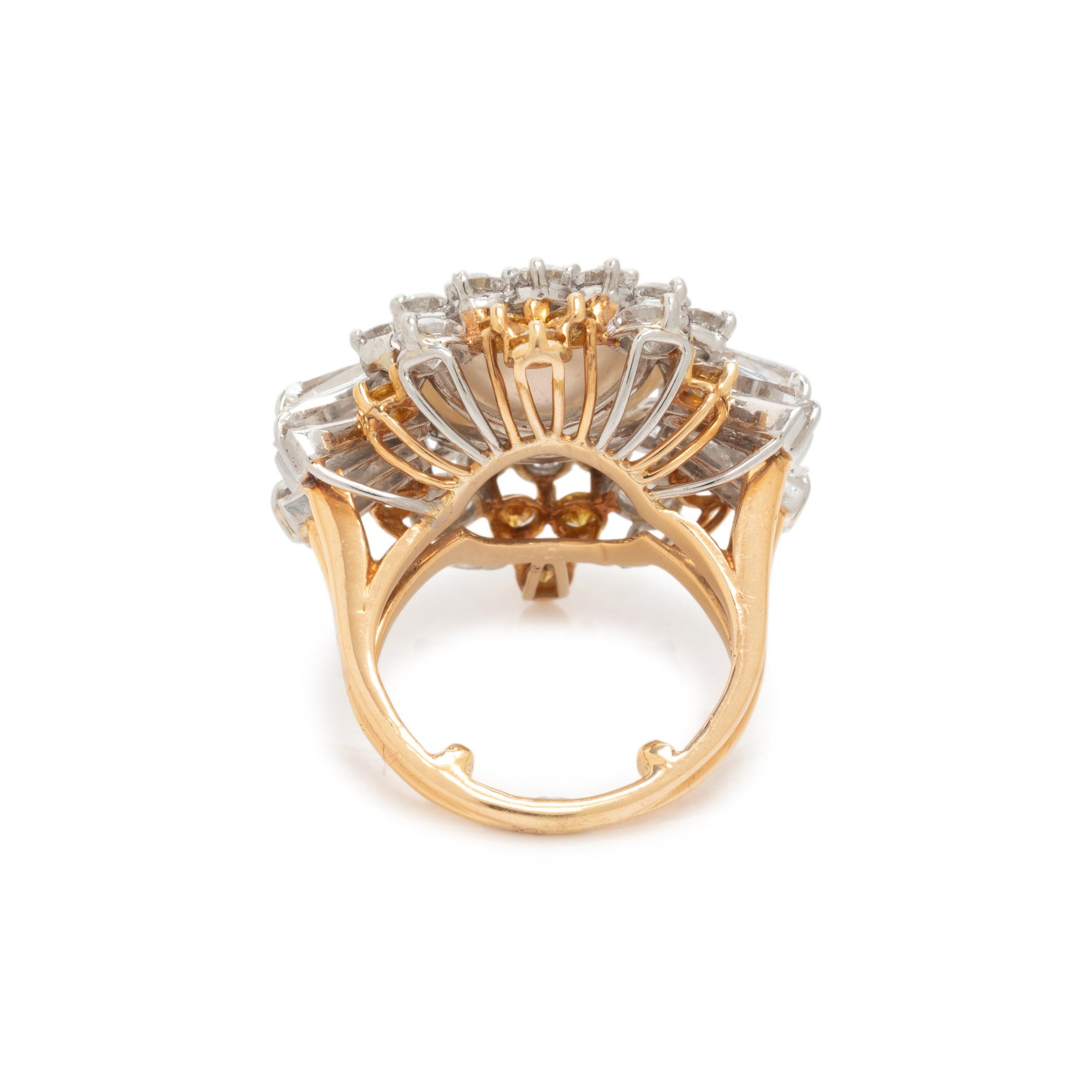OSCAR HEYMAN & BROTHERS, SOUTH SEA CULTURED PEARL, DIAMOND AND COLORED DIAMOND RING